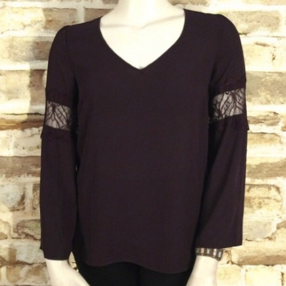 LE CHÂTEAU V Neck Pull On Blouse with Button Closure and Mesh Arm Detail